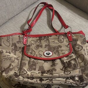 Coach Signature Print Shoulder Bag with Red Accents